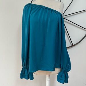 Ramy Brook teal satin off shoulder loose fit top M $395